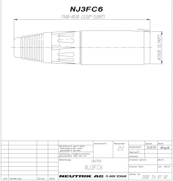 Neutrik NJ3FC6-BAG 1/4in TRS Black Cable Jack